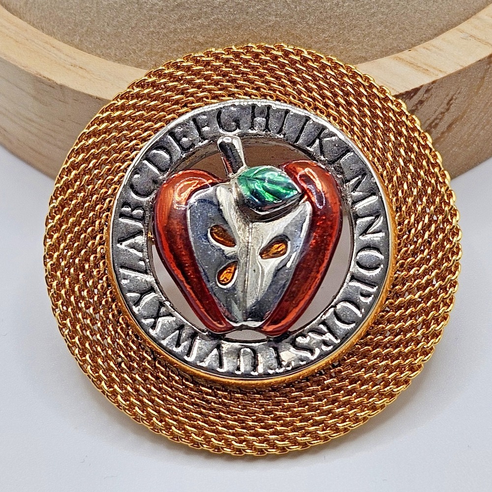 Danecraft Apple Teacher Brooch Pin Mesh Circle Alphabet Two Tone Vintage HTF